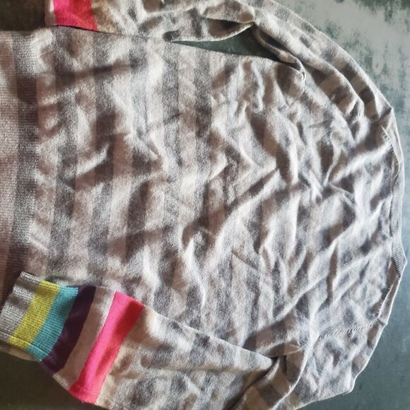 Boden  Rainbow Cuff Gray Stripe Cardigan Sweater Cotton Cashmere Angora sz 2 - Picture 2 of 4